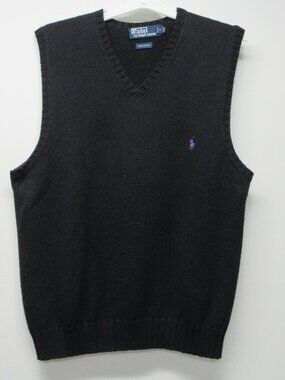 Vintage Polo Ralph Lauren Sweater Vest Mens L Black Purple Pony V Neck Cotton
